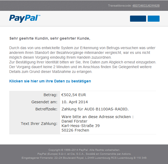 Phishing-Mail Alerts: PayPal - Verdächtige Zahlung erkannt / Sperrung ...